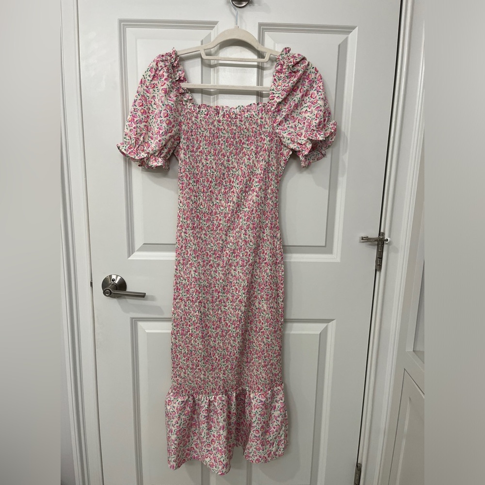 Smocked floral midi dress